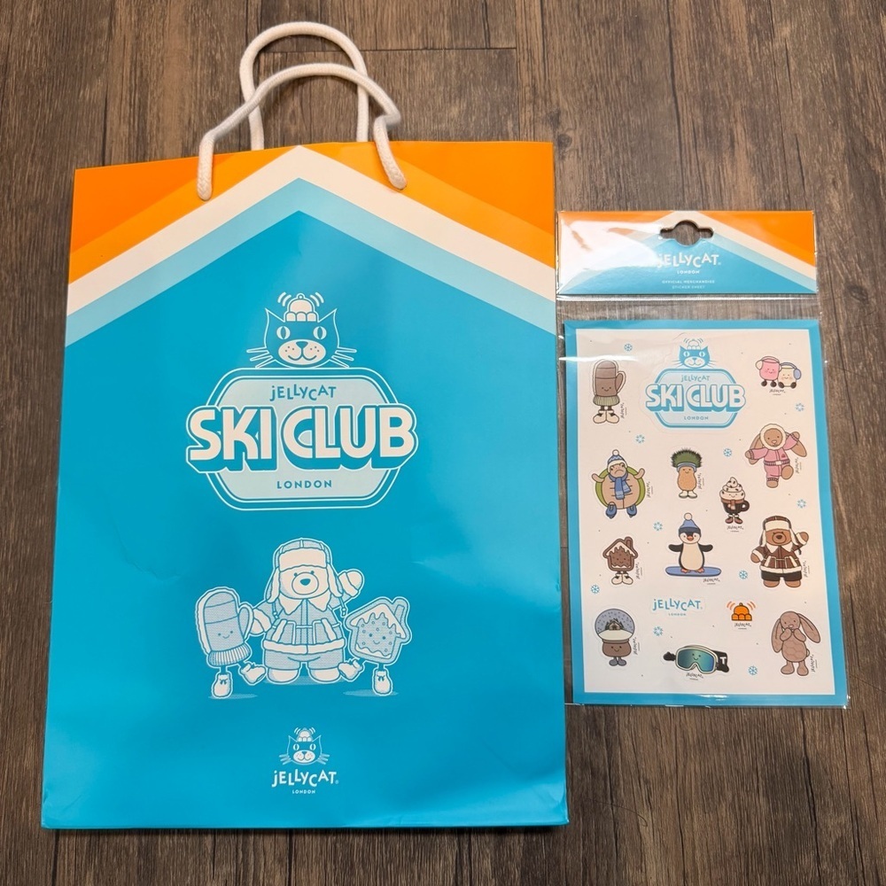 Jelly Cat Ski Club London Paper Shopping Tote Blue Gift Bag Stickers Reusable
